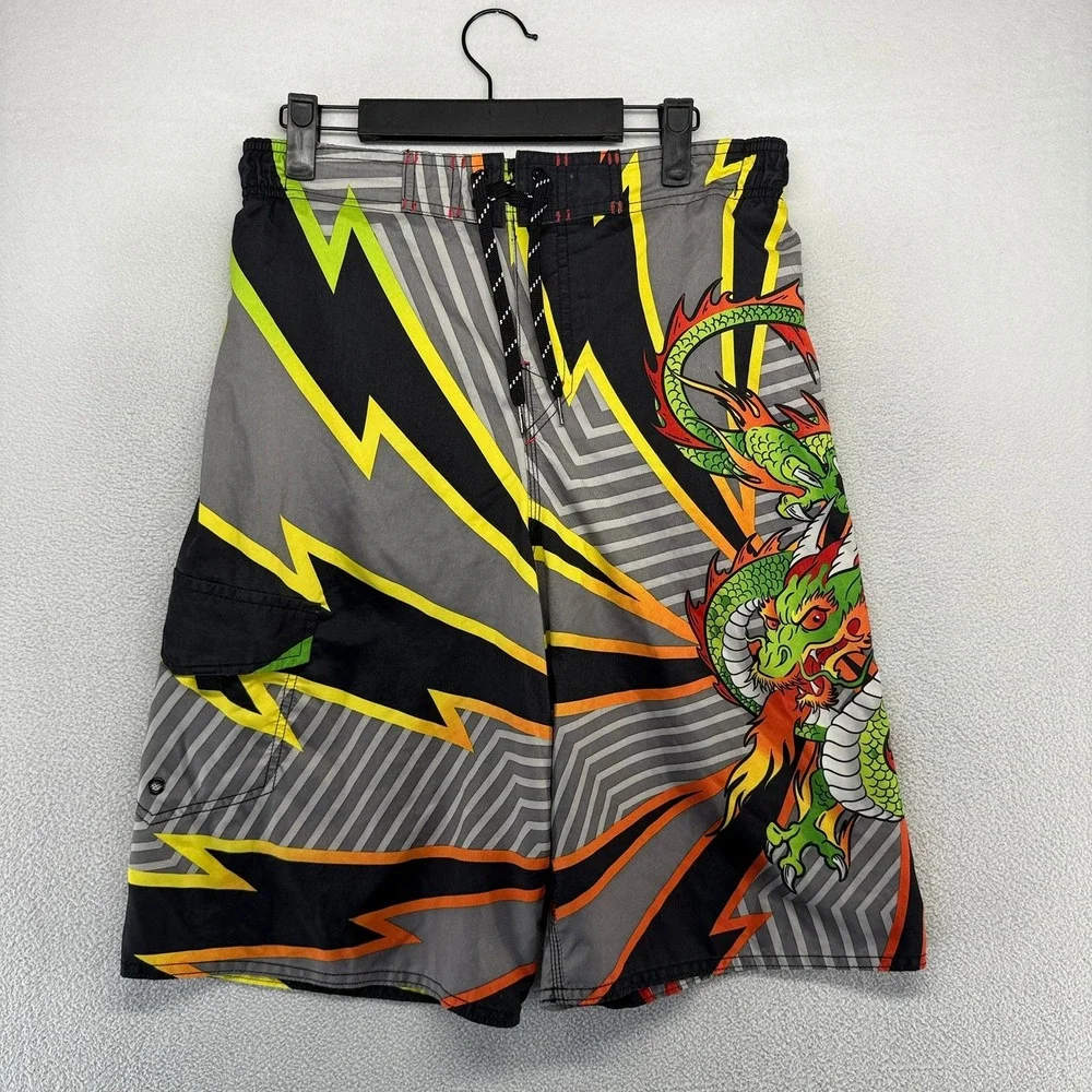 Vintage Joe Boxer Board Shorts Mens Small Gray Dragon Swim Y2K Surf Baggy 11